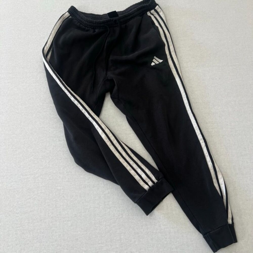 Adidas Mens L Black 3 Stripe Fleece Jogger Pants Sweatpants Athletic
